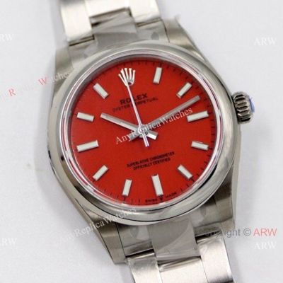 31mm Swiss Replica Rolex Oyster Perpetual Watch Stainless Steel Coral Red Face